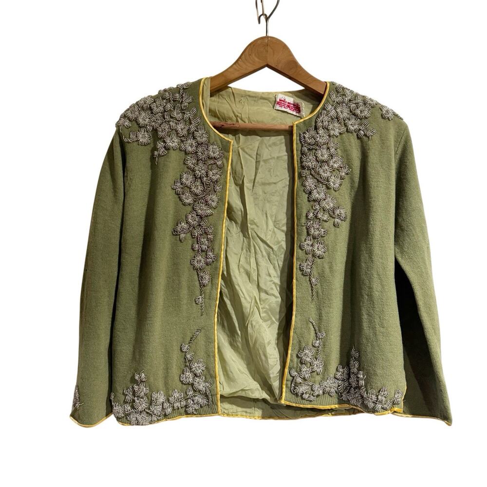 Stephen‎ Chu Green Cardigan With Heavy Silver Floral Beading Vintage *READ